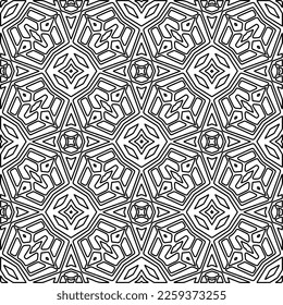 Stilvolle Textur mit Figuren aus Linien.
Abstraktes geometrisches Schwarz-Weiß-Muster für Webseiten, Texturen, Karten, Plakate, Gewebe, Textilien. Monochrome grafische Wiederholungsdesign. 