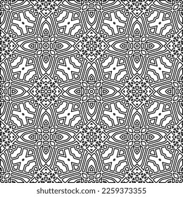 Stilvolle Textur mit Figuren aus Linien.
Abstraktes geometrisches Schwarz-Weiß-Muster für Webseiten, Texturen, Karten, Plakate, Gewebe, Textilien. Monochrome grafische Wiederholungsdesign. 