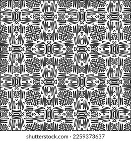 Stylish texture with figures from lines.
Abstract geometric black and white pattern for web page, textures, card, poster, fabric, textile. Monochrome graphic repeating design. 
