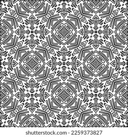 Stilvolle Textur mit Figuren aus Linien.
Abstraktes geometrisches Schwarz-Weiß-Muster für Webseiten, Texturen, Karten, Plakate, Gewebe, Textilien. Monochrome grafische Wiederholungsdesign. 