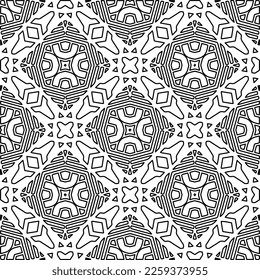 Stilvolle Textur mit Figuren aus Linien.
Abstraktes geometrisches Schwarz-Weiß-Muster für Webseiten, Texturen, Karten, Plakate, Gewebe, Textilien. Monochrome grafische Wiederholungsdesign. 