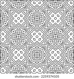 Stilvolle Textur mit Figuren aus Linien.
Abstraktes geometrisches Schwarz-Weiß-Muster für Webseiten, Texturen, Karten, Plakate, Gewebe, Textilien. Monochrome grafische Wiederholungsdesign. 