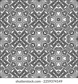 Stilvolle Textur mit Figuren aus Linien.
Abstraktes geometrisches Schwarz-Weiß-Muster für Webseiten, Texturen, Karten, Plakate, Gewebe, Textilien. Monochrome grafische Wiederholungsdesign. 