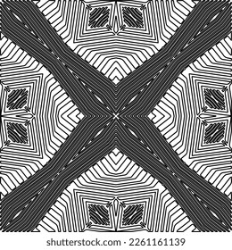 Stilvolle Textur mit Figuren aus Linien.
Abstraktes geometrisches Schwarz-Weiß-Muster für Webseiten, Texturen, Karten, Plakate, Gewebe, Textilien. Monochrome grafische Wiederholungsdesign. 