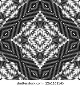 Stylish texture with figures from lines.
Abstract geometric black and white pattern for web page, textures, card, poster, fabric, textile. Monochrome graphic repeating design. 