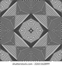 Stylish texture with figures from lines.
Abstract geometric black and white pattern for web page, textures, card, poster, fabric, textile. Monochrome graphic repeating design. 