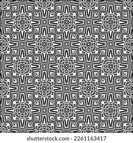 Stilvolle Textur mit Figuren aus Linien.
Abstraktes geometrisches Schwarz-Weiß-Muster für Webseiten, Texturen, Karten, Plakate, Gewebe, Textilien. Monochrome grafische Wiederholungsdesign. 