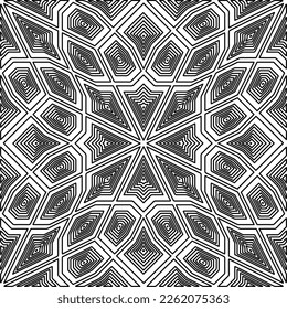 Stylish texture with figures from lines.
Abstract geometric black and white pattern for web page, textures, card, poster, fabric, textile. Monochrome graphic repeating design. 
