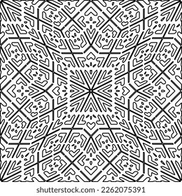 Stylish texture with figures from lines.
Abstract geometric black and white pattern for web page, textures, card, poster, fabric, textile. Monochrome graphic repeating design. 
