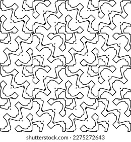 Stylish texture with figures from lines.
Abstract geometric black and white pattern for web page, textures, card, poster, fabric, textile. Monochrome graphic repeating design. 