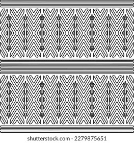 Stilvolle Textur mit Figuren aus Linien.
Abstraktes geometrisches Schwarz-Weiß-Muster für Webseiten, Texturen, Karten, Plakate, Gewebe, Textilien. Monochrome grafische Wiederholungsdesign.