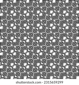 Stilvolle Textur mit Figuren aus Linien.
Abstraktes geometrisches Schwarz-Weiß-Muster für Webseiten, Texturen, Karten, Plakate, Gewebe, Textilien. Monochrome grafische Wiederholungsdesign. 