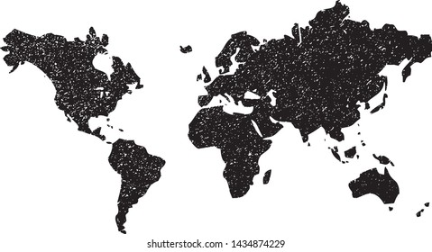 Stylish Textured Vector Abstract World Map in Black Isolated on White Background. Vector Distressed Texture. Blank Shape. Vector Illustration. EPS10.