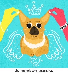 Stylish textured vector illustration with a pug and accessories