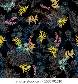 Stylish Tha dark ocean night Seamless pattern prints vector Hand drawn coral sea treasure and water plants design for fashion,fabric,web wallpaper and all prints on black