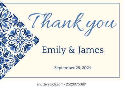 Stylish thank you card with Mediterranean floral tile patterns in navy blue and white. Ideal for weddings and events. Portuguese tiles. Invitation template. Ornate damask border. Moroccan ceramic 