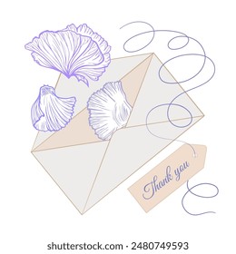 Stylish Thank You envelope vector illustration with poppy petals and a thank you note. Ideal for invitations, notes, or digital media.