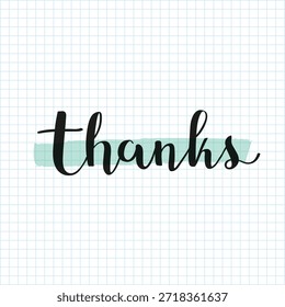 Elegante texto de 'gracias' sobre un fondo de cuadrícula. La palabra 'gracias' es atrevida y elegante, con un acento de pincelada verde azulado. Perfecto para notas de agradecimiento. Gracias Vector de estilo de tipografía.