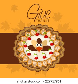 Stylish Thanksgiving Day greeting card design with delicious cake and stylish text on maple leaves decorated background.