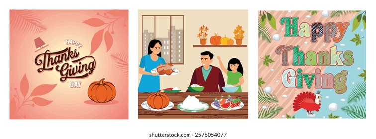 Stylish Thanksgiving greeting cards feature elegant typography. A family gathers around the table for a Thanksgiving celebration. Playful turkey and colorful text, surrounded by leaves and patterns. 