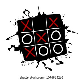 Stylish Tic Tac Toe Game Grunge Splash Style Symbol with Black backdrop.