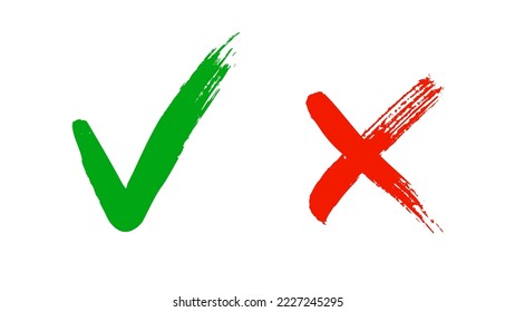 Stylish Tick icon set in green and red color, vector illustration. Check Marks painted with a brush, isolated on white. Grunge checkmarks.