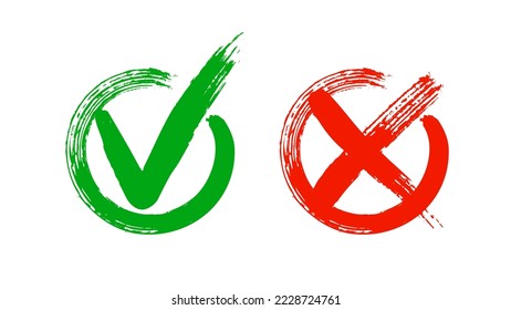 Stylish Tick icon set in green and red color, vector illustration. Check Marks painted with a brush, isolated on white. Grunge checkmarks.