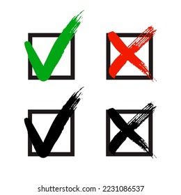 Elegante conjunto de iconos Tick en color verde y rojo, ilustración vectorial. Marcas de verificación pintadas con un pincel, aislado en blanco. Borra marcas de verificación.