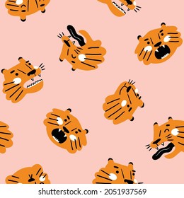 Stylish tiger seamless pattern design. Funny animal new year wrapping paper design. Tiger print repeat texture. 