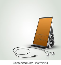 Stylish touch screen music player with earphones isolated on shiny background.