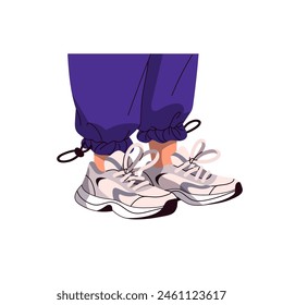 Stylish trainers, sneakers with chunky sole on feet. Person with unisex sport shoes stand side view. Activewear boots on legs. Street fashion. Flat isolated vector illustration on white background