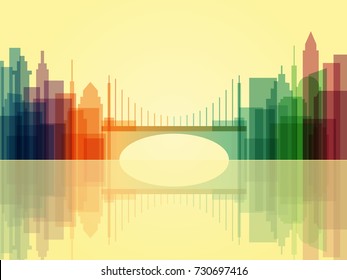 Stylish transparent cityscape background with bridge. Modern architecture. Colorful urban landscape. Horizontal banner with megapolis panorama. Vector illustration