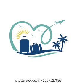 Stylish travel logo featuring airplane, palm tree, suitcase and love, birds, river vector