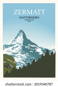 Stylish travel poster. View of the Matterhorn near Zermatt