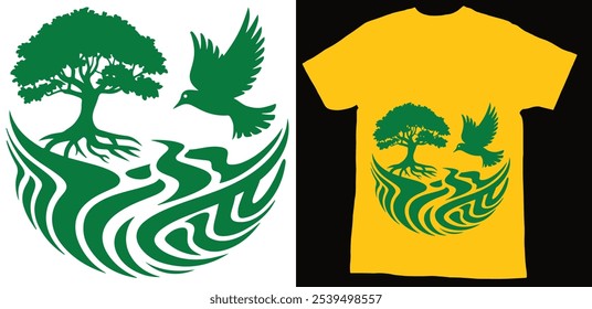 Stylish Tree and Flying Bird T Shirt, Vector image.02.eps
