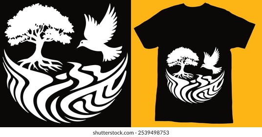 Camiseta Árvore Elegante e Pássaro Voador, Imagem vetorial..eps
