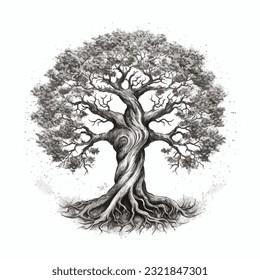 Stylish tree illustration with rood in black over white background