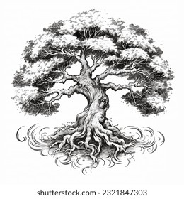 Stylish tree illustration with rood in black over white background