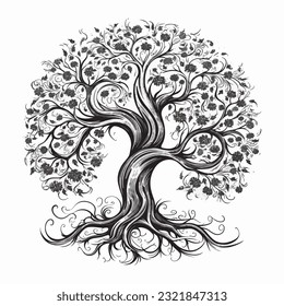 Stylish tree illustration with rood in black over white background