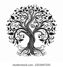 Stylish tree illustration with rood in black over white background