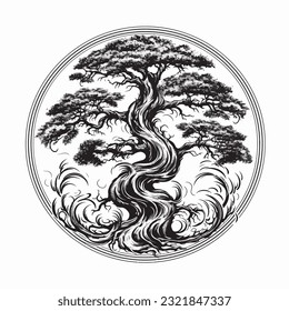 Stylish tree illustration with rood in black over white background