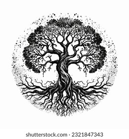 Stylish tree illustration with rood in black over white background