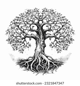 Stylish tree illustration with rood in black over white background