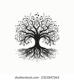 Stylish tree illustration with rood in black over white background