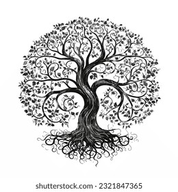 Stylish tree illustration with rood in black over white background