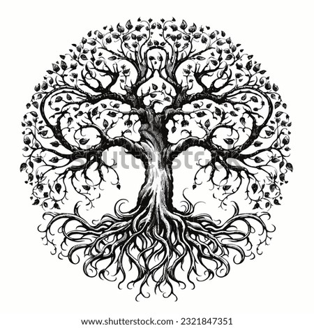 Stylish tree illustration with rood in black over white background