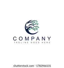 Logo de árbol estiloso con una silueta humana como tronco, con forma circular. Gran logo para centros de salud, spas, complejos naturales, compañías ecológicas y muchos más