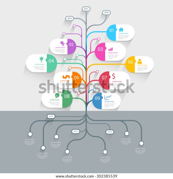スタイリッシュなツリータイムラインプロセスの履歴マインドマップビジネスインフォグラフィックテンプレートのモックアップ ウェブサイトのインフォグラフィック 背景のコンセプトコレクション のベクター画像素材 ロイヤリティフリー