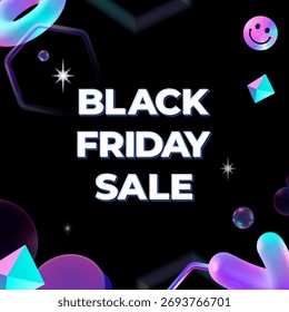 Elegante e moderno fundo de imagem de evento Black Friday com objetos geométricos 3d, como sorrisos holográficos ciano e roxo, anéis, hexágonos e bolhas de sabão em um fundo preto.