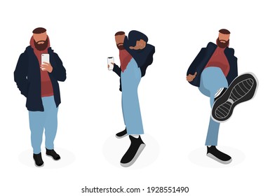 Stylish trendy clothes. Guy in casual clothes in different poses. Takes a selfie on a smartphone. Dancing, posing for a photo shoot. Vector.